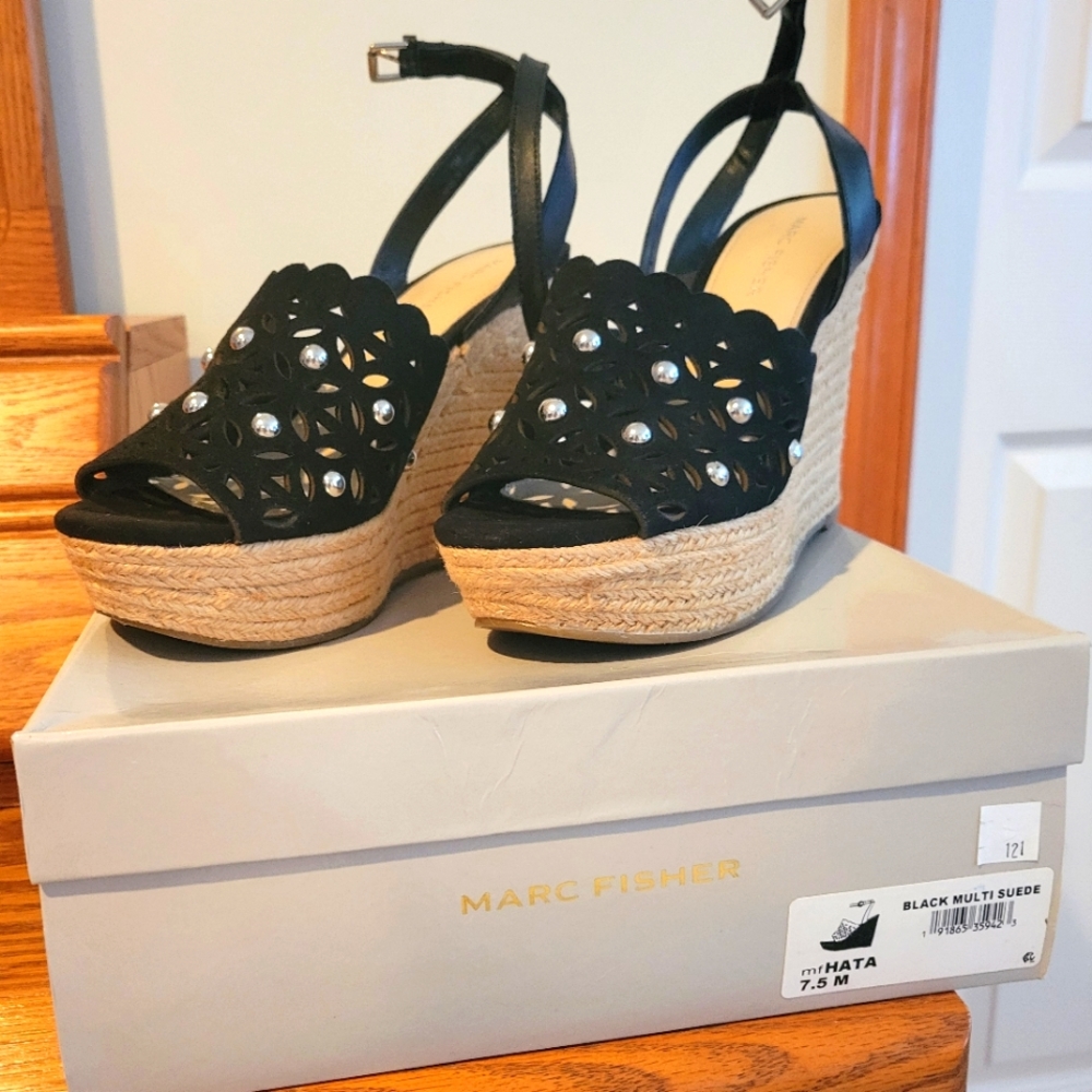 Marc Fisher HATA black multi suede wedge sandals
